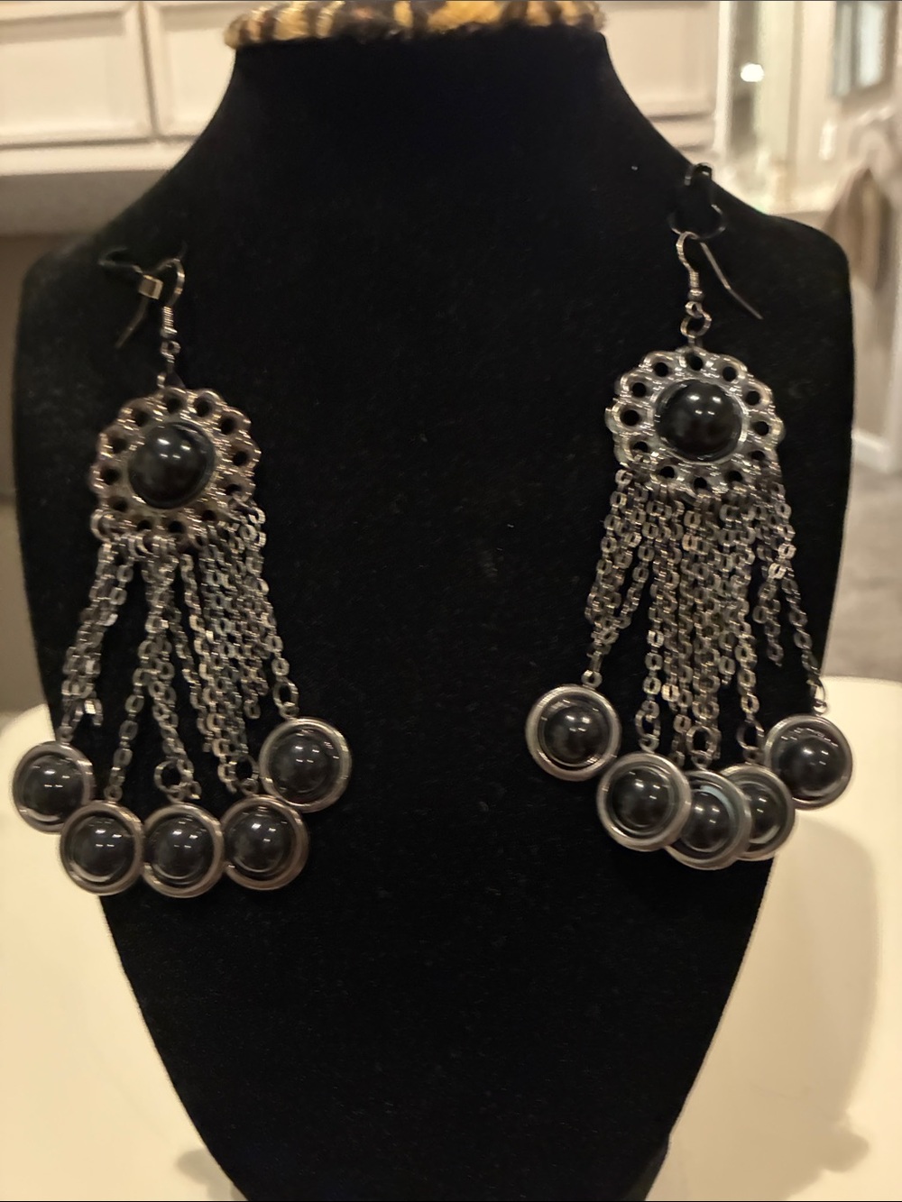 Silver-Tone Black Stone Dangle Earrings